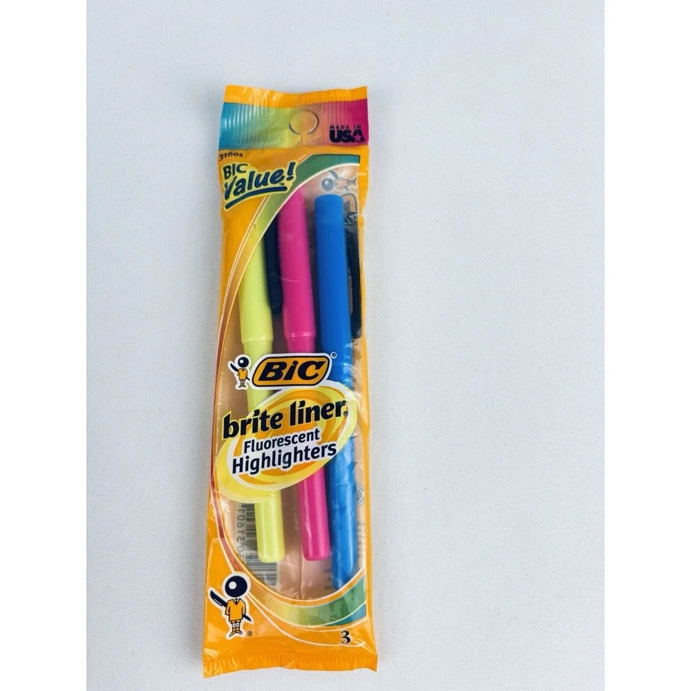 Vintage Bic Brite Liner Neon Fluorescent Highlighters 3 Pack 2001 NOS Sealed
